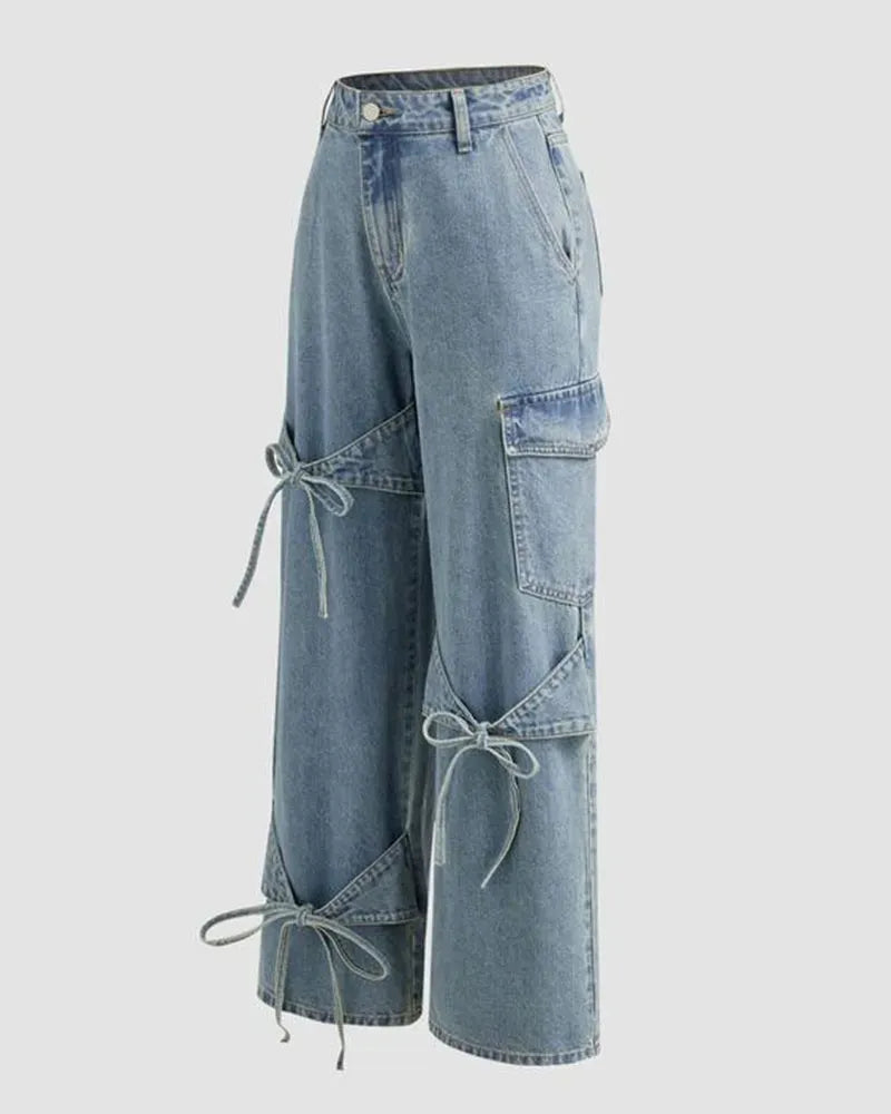 Mid Rise Solid Bowknot Pocket Wide Leg Jeans