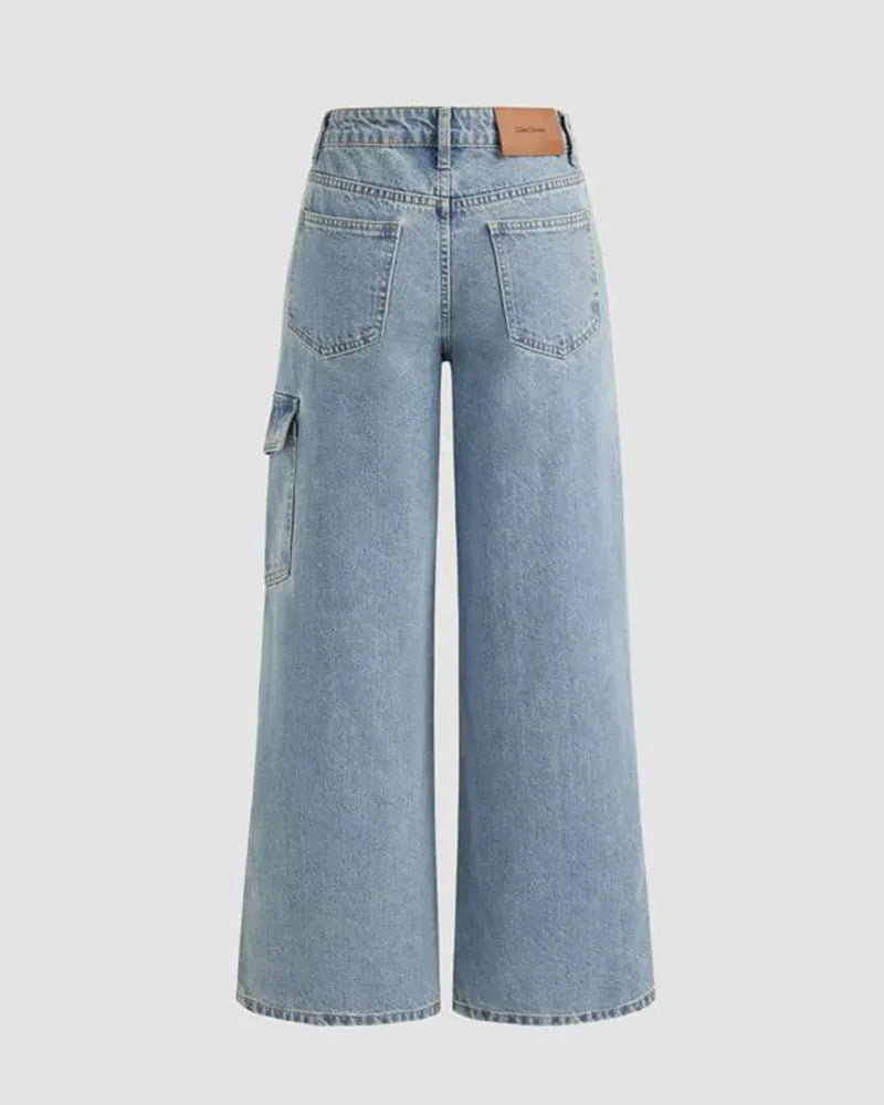 Mid Rise Solid Bowknot Pocket Wide Leg Jeans