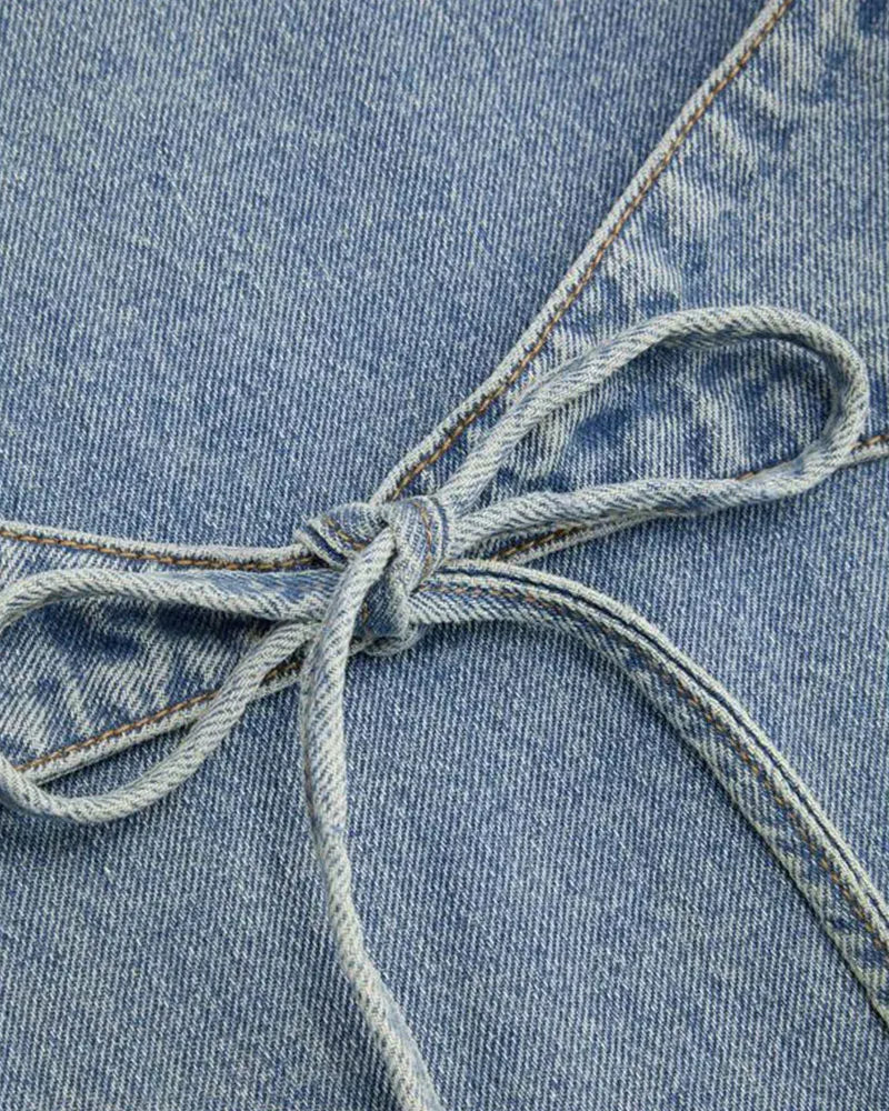 Mid Rise Solid Bowknot Pocket Wide Leg Jeans