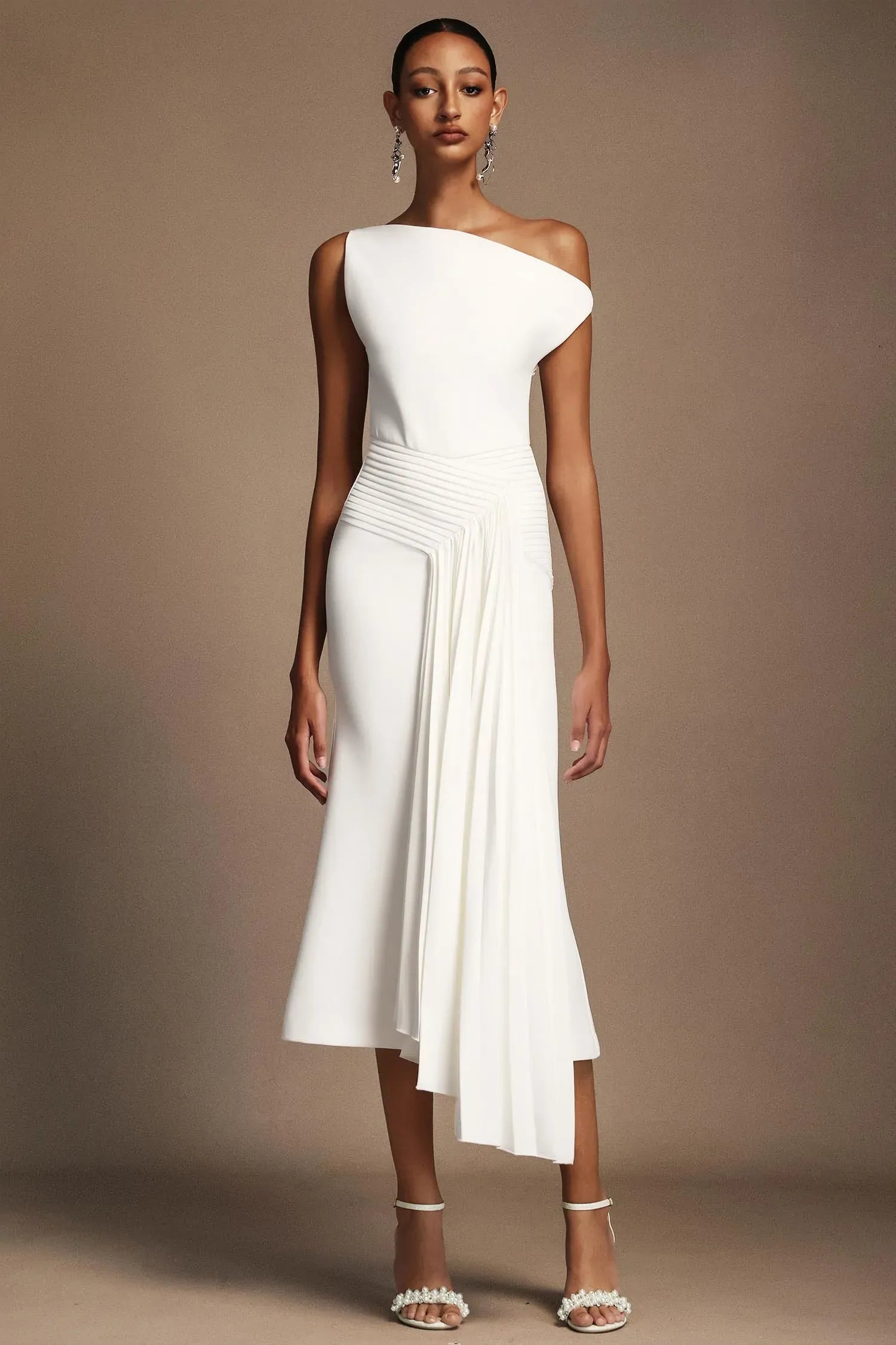Shoulder Sleeveless Folds Midi Dress