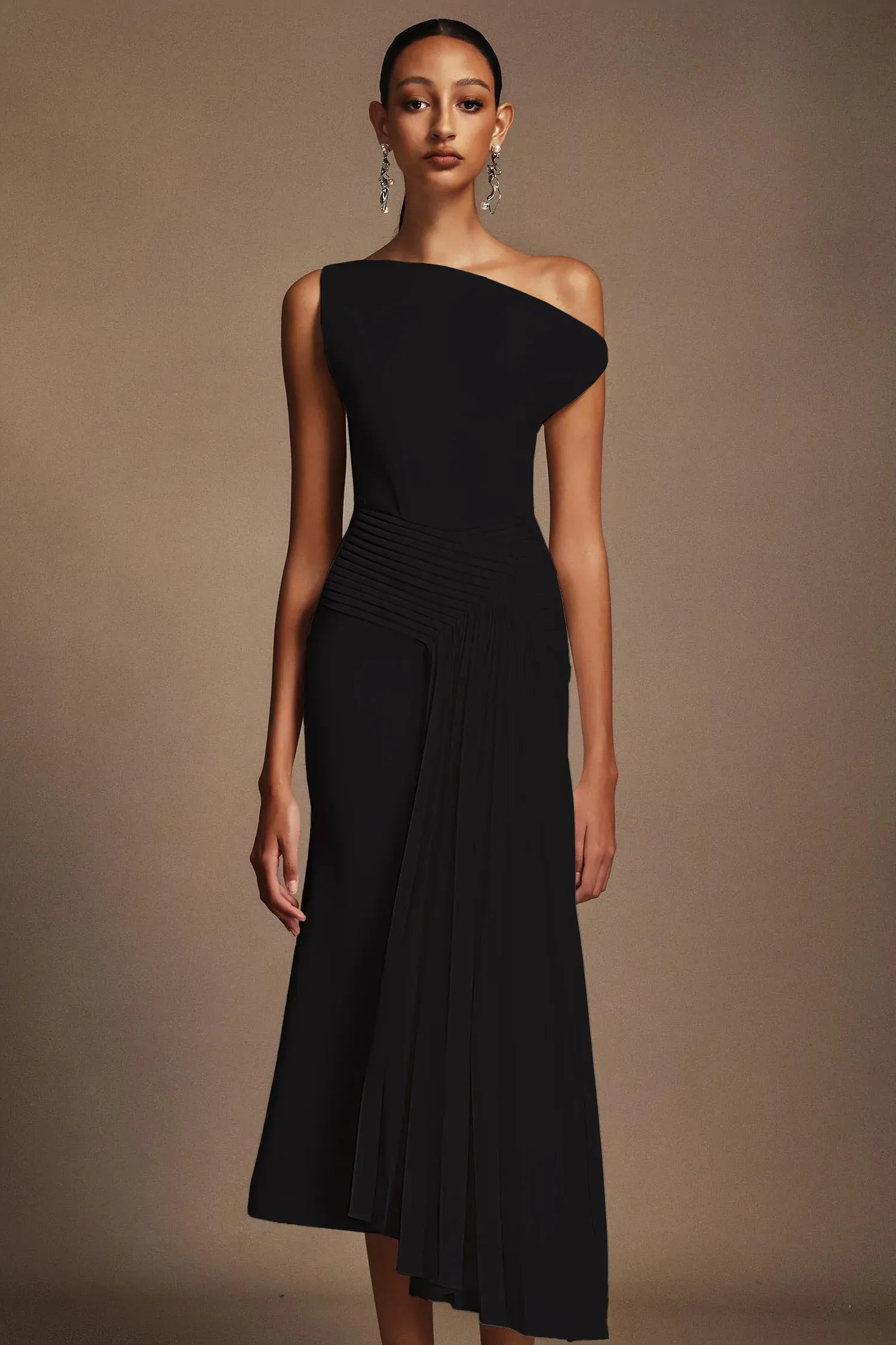Shoulder Sleeveless Folds Midi Dress