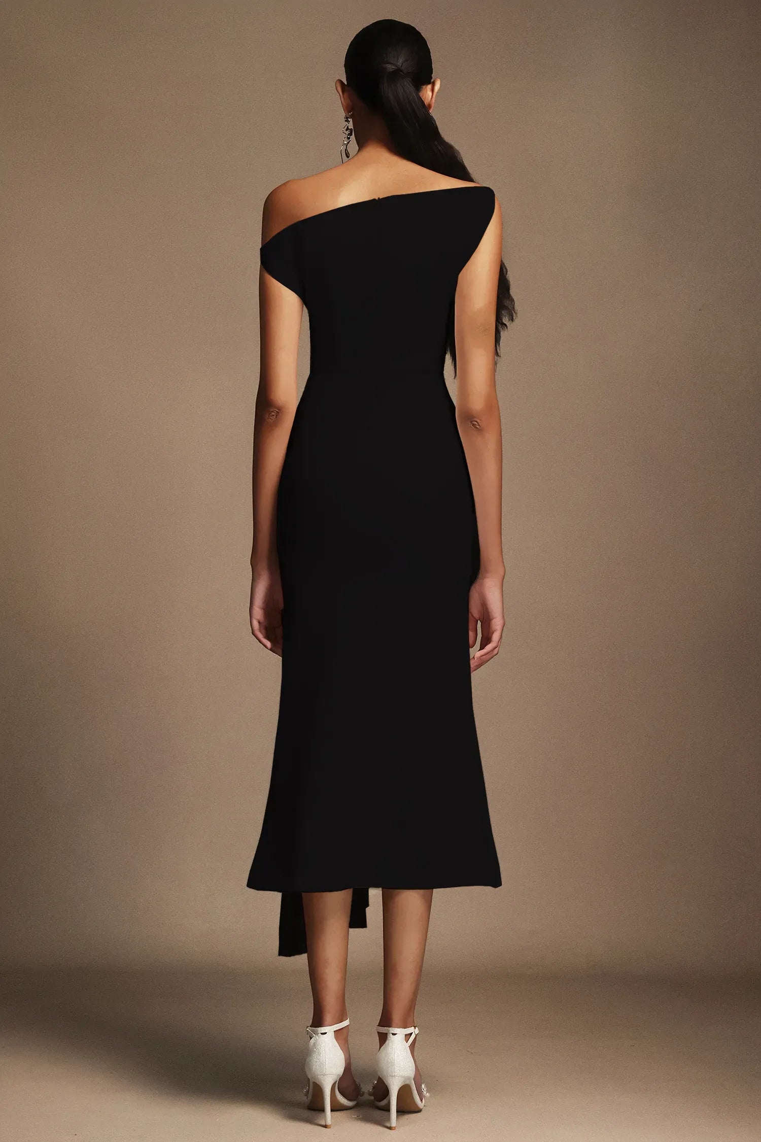 Shoulder Sleeveless Folds Midi Dress