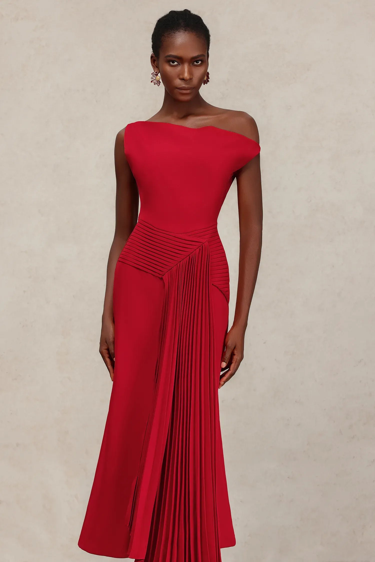 Shoulder Sleeveless Folds Midi Dress