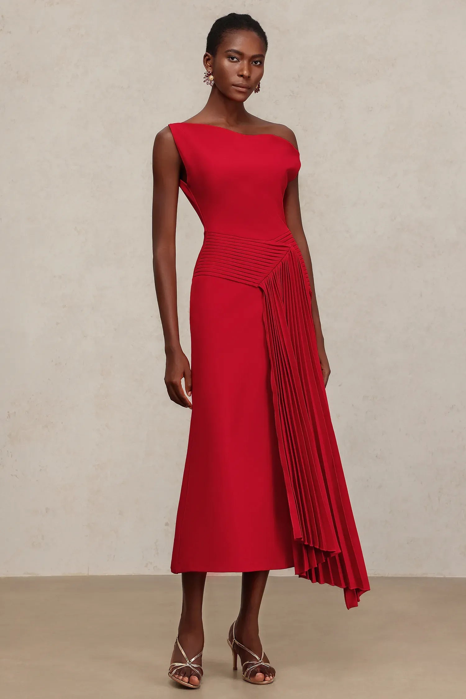 Shoulder Sleeveless Folds Midi Dress