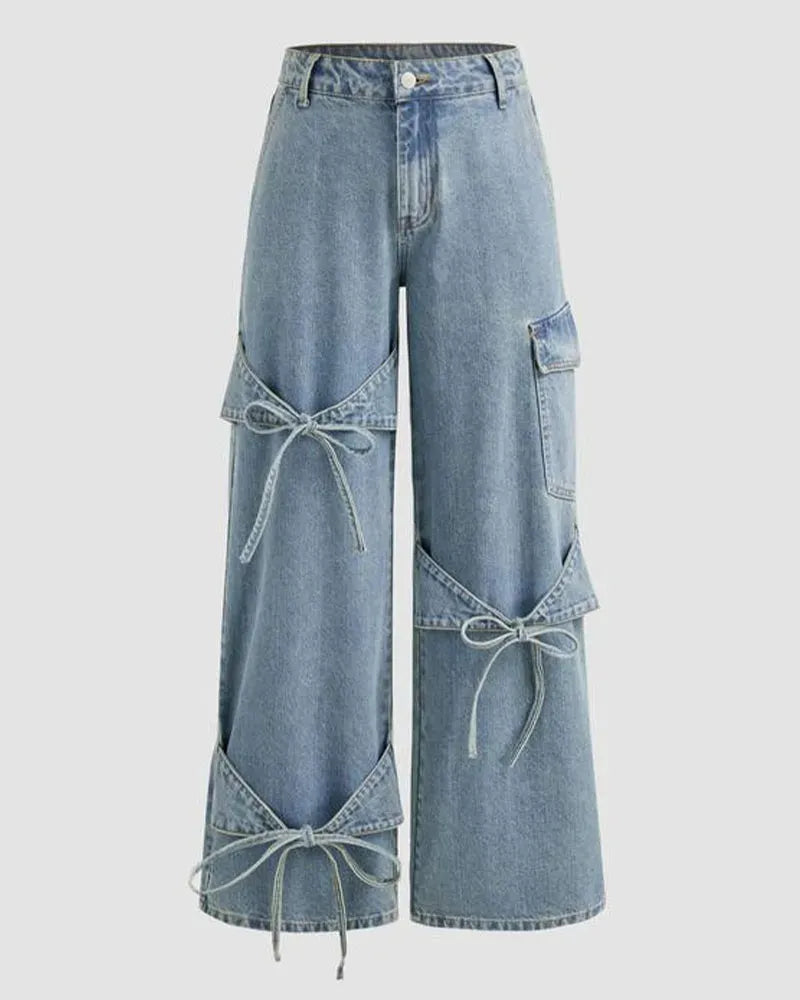 Mid Rise Solid Bowknot Pocket Wide Leg Jeans