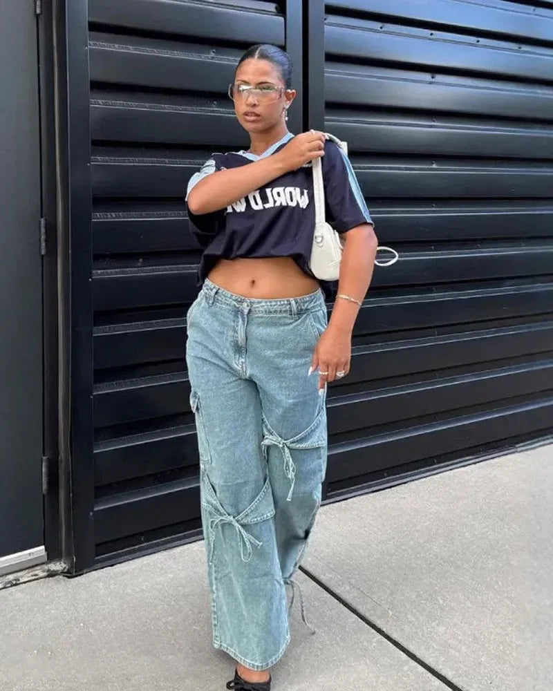 Mid Rise Solid Bowknot Pocket Wide Leg Jeans