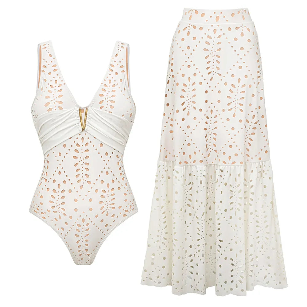 V Neck Solid Color Laser Cutting Flower One Piece Swimsuit and Skirt