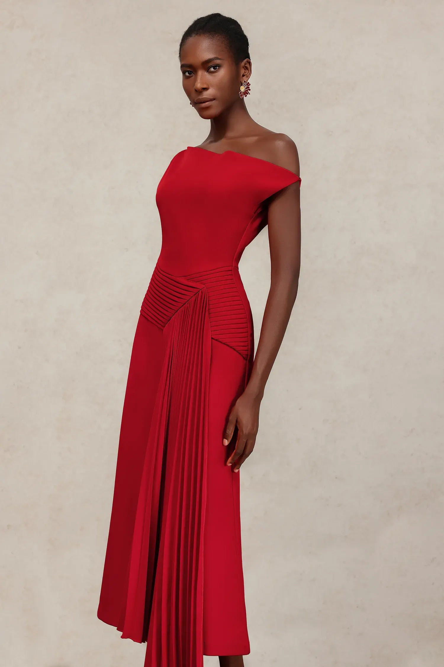 Shoulder Sleeveless Folds Midi Dress